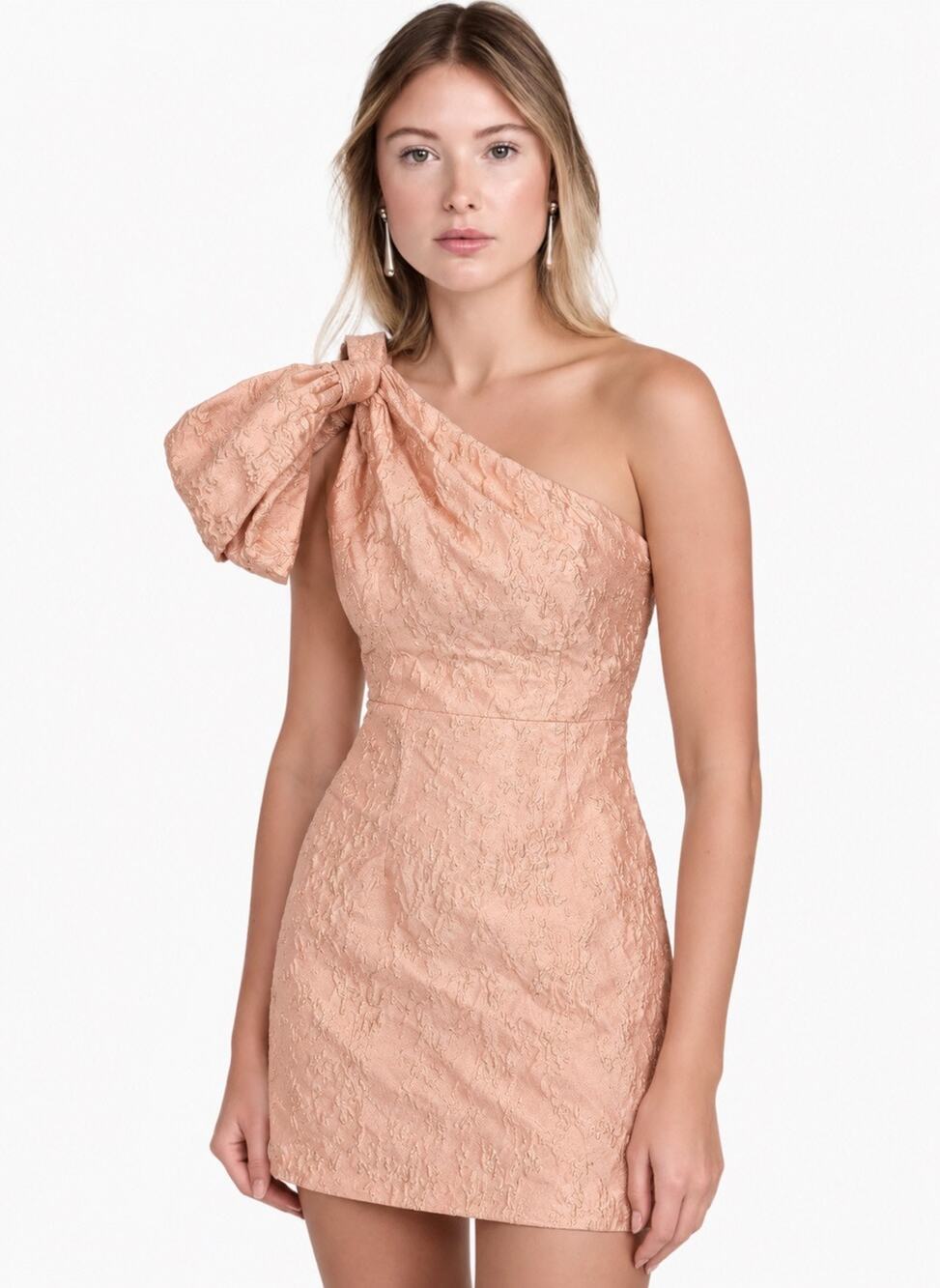 Elliatt Damask One Shoulder Crinkle Rose Pink Mini Dress Small